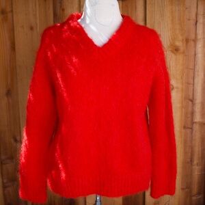 Vintage Handmade Knitted Mohair V-Neck RED Sweater Size Medium